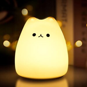 litake cat night light for kids, battery powered cat lamp with tail, warm white and 9-color changing led silicone cute nursery lights for baby kids girl room