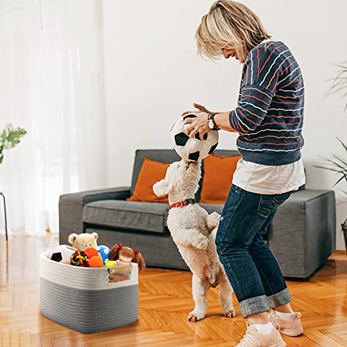 LOVSTORAGE Cotton Rope Basket for Storage, Set of 3 Storage Baskets for Organizing with Handles Woven Laundry Basket in Living Laundry Room for Blankets Toys Throws Pillows Towels 15"x10"x9" White/Grey