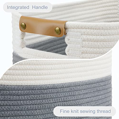 LOVSTORAGE Cotton Rope Basket for Storage, Set of 3 Storage Baskets for Organizing with Handles Woven Laundry Basket in Living Laundry Room for Blankets Toys Throws Pillows Towels 15"x10"x9" White/Grey