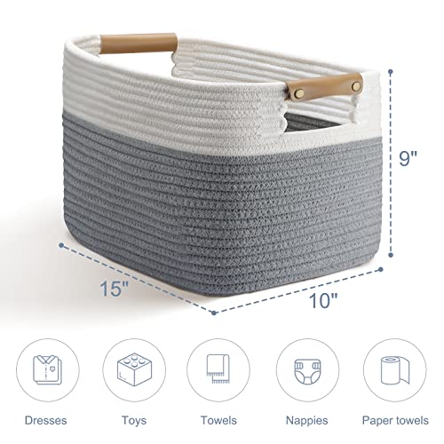 LOVSTORAGE Cotton Rope Basket for Storage, Set of 3 Storage Baskets for Organizing with Handles Woven Laundry Basket in Living Laundry Room for Blankets Toys Throws Pillows Towels 15"x10"x9" White/Grey
