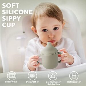 Potchen 2 Pieces Silicone Sippy Cup Training for Baby 6 months+ Soft with Straw Spill Proof Cups Toddlers Handles and Spout Lid Easy Grip 5oz (Blue, Green, Cute Style), (Pack of 1)