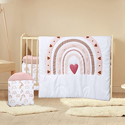 4 Pieces Boho Rainbow Crib Bedding Set, Neutral Rainbow Boho Nursery Bedding Standard Size Soft Baby Bedding Set Including Crib Skirt, Blanket, Crib Sheet and Diaper Stacker for Baby Girls and Boys