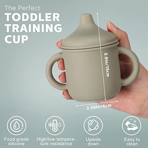 Potchen 2 Pieces Silicone Sippy Cup Training for Baby 6 months+ Soft with Straw Spill Proof Cups Toddlers Handles and Spout Lid Easy Grip 5oz (Blue, Green, Cute Style), (Pack of 1)