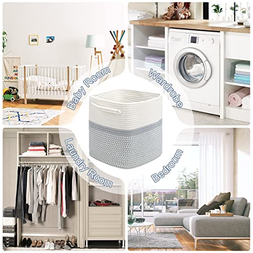 LOVSTORAGE Rope Laundry Basket, 3 Pack Woven Basket Rope Basket in Living Room Modern Hamper Basket in Laundry Room for Blankets Toys Throws Pillows Towels 12"x12"x12" White/Grey