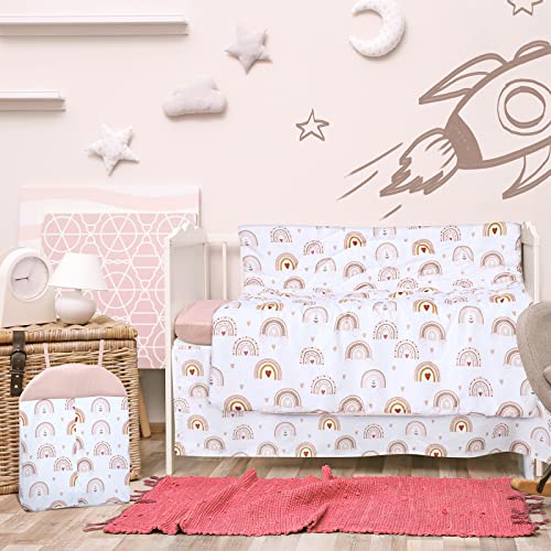 4 Pieces Boho Rainbow Crib Bedding Set, Neutral Rainbow Boho Nursery Bedding Standard Size Soft Baby Bedding Set Including Crib Skirt, Blanket, Crib Sheet and Diaper Stacker for Baby Girls and Boys