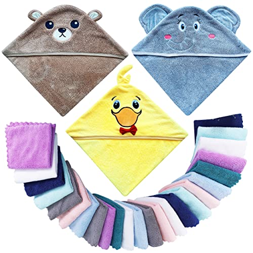 Lovely Care 3 Pack Baby Hooded Bath Towel with 24 Count Washcloth Sets for Newborns Infants & Toddlers, Boys & Girls - Baby Registry Search Essentials Item - Bear, Elephant, Duck