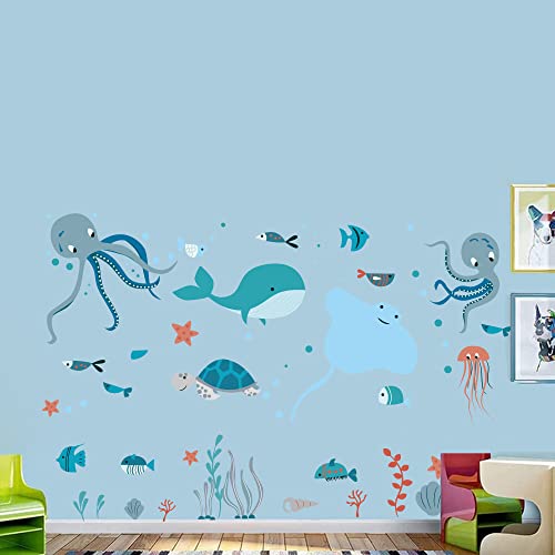 Ocean Fish Wall Decals Under The Sea Wall Decals Stickers with Whale Octopus Stingray Sea Stars Turtle Shells and Sea Kelps for Kids Room Daycare Classroom Playroom