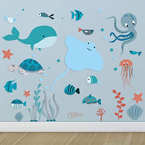 Ocean Fish Wall Decals Under The Sea Wall Decals Stickers with Whale Octopus Stingray Sea Stars Turtle Shells and Sea Kelps for Kids Room Daycare Classroom Playroom