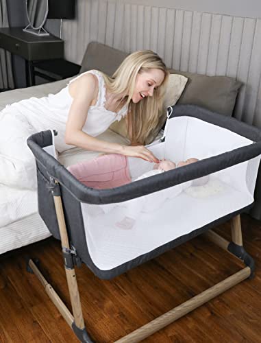 Mumeasy Newborn Baby Bedside Bassinet - Adjustable Portable Bedside Sleeper with Wheels & Storage Basket for Infant | Newborn Baby Boy & Girl