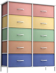 sorbus kids dresser with 10 drawers - storage unit organizer chest for clothes - bedroom, kids room, nursery, & closet - steel frame, wood top & handles, and easy pull fabric bins