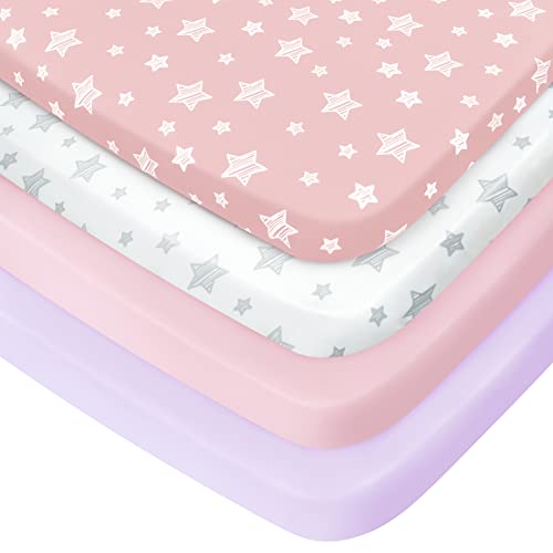 Pack and Play Sheets Girl, 4 Pack Mini Crib Sheets, Stretchy Pack n Play Playard Fitted Sheet, Compatible with Graco Pack n Play, Soft and Breathable Material, Pink