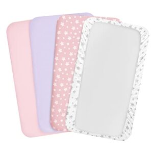 Pack and Play Sheets Girl, 4 Pack Mini Crib Sheets, Stretchy Pack n Play Playard Fitted Sheet, Compatible with Graco Pack n Play, Soft and Breathable Material, Pink