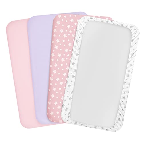 Pack and Play Sheets Girl, 4 Pack Mini Crib Sheets, Stretchy Pack n Play Playard Fitted Sheet, Compatible with Graco Pack n Play, Soft and Breathable Material, Pink