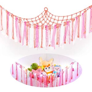 lovzen stuffed animal net or hammock with led light macrame toy hammock hanging corner net for stuffed animal storage organizer holder room decor with tassels for nursery playroom kids bedroom