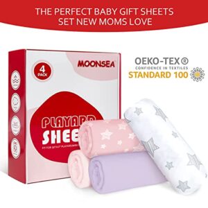 Pack and Play Sheets Girl, 4 Pack Mini Crib Sheets, Stretchy Pack n Play Playard Fitted Sheet, Compatible with Graco Pack n Play, Soft and Breathable Material, Pink