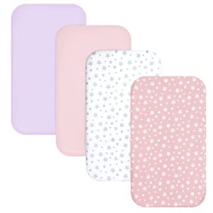 Pack and Play Sheets Girl, 4 Pack Mini Crib Sheets, Stretchy Pack n Play Playard Fitted Sheet, Compatible with Graco Pack n Play, Soft and Breathable Material, Pink