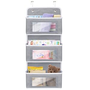 bisivio door hanging organizer nursery closet cabinet baby storage with 4 large pockets, wall mount storage with clear window and 2 widened metal hooksfor cosmetics, toys and sundries (grey)