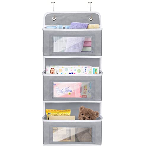 BiSiViO Door Hanging Organizer Nursery Closet Cabinet Baby Storage with 4 Large Pockets, Wall Mount Storage with Clear Window and 2 Widened Metal Hooksfor Cosmetics, Toys and Sundries (Grey)