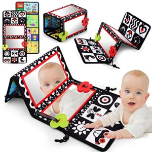 tummy time floor mirror with teethers, double-sided baby mirror black and white high contrast baby toys for babies, baby montessori toys crawling developmental newborn infant sensory toys (a-mirror)