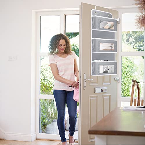 BiSiViO Door Hanging Organizer Nursery Closet Cabinet Baby Storage with 4 Large Pockets, Wall Mount Storage with Clear Window and 2 Widened Metal Hooksfor Cosmetics, Toys and Sundries (Grey)