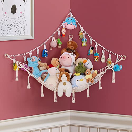 ParentsEasy Macrame Stuffed Animal Hammock & Net – Cotton Toy & Pet Hanging Plushie Storage with Screw-In & Adhesive Hooks – Stuffed Animal Hammock, Plastic Chain, & Clips – Toy Net Plush Storage