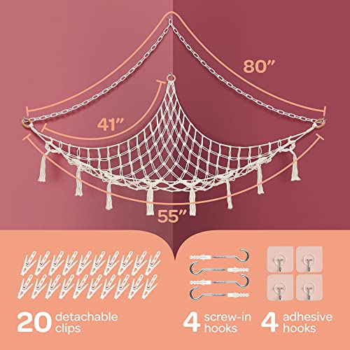 ParentsEasy Macrame Stuffed Animal Hammock & Net – Cotton Toy & Pet Hanging Plushie Storage with Screw-In & Adhesive Hooks – Stuffed Animal Hammock, Plastic Chain, & Clips – Toy Net Plush Storage