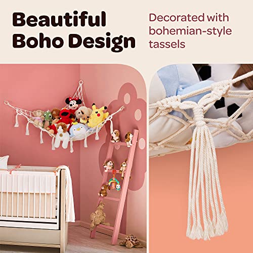 ParentsEasy Macrame Stuffed Animal Hammock & Net – Cotton Toy & Pet Hanging Plushie Storage with Screw-In & Adhesive Hooks – Stuffed Animal Hammock, Plastic Chain, & Clips – Toy Net Plush Storage