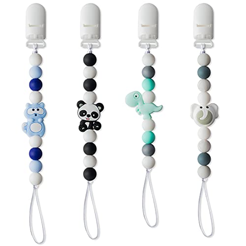 4Pcs Silicone Pacifier Clip for Babies Infant Animal Teething Soothie Toy Panda Dinosaur Elephant Raccoon Pacifier Clip Babies Teethers Clips for Baby Shower Birthday Keepsake Christmas New Year Gift