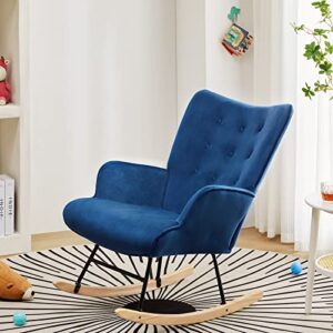 idealismliving rocking chair, nursery glider rocker chair with linen fabric, boho chair with solid wood, nursery rocking armchair for baby room, rocking chair nursery for living room bedroom (blue)