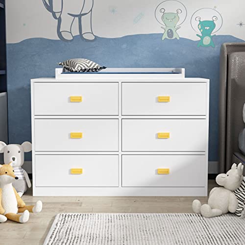 DiDuGo Nursery Dresser Changing Table Dresser with 6 Drawers, Gold Metal Handles, for Nursery Room White (45.1" W x 18.9" D x 32.9" H)