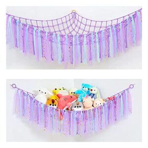 Stuffed Animal Net or Hammock with LED Light, FKSP Toy Hammock Hanging Stuffed Animal Storage Organizer Holder Room Décor with Tassels for Nursery Play Room Kids Bedroom