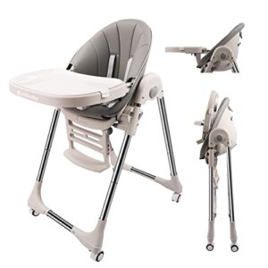 ezebaby foldable, portable high chair with 4 wheels and removable tray with adjustable seat heigh recline for babies, infant and toddler (grey)