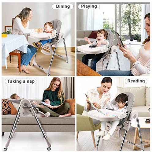 Ezebaby Foldable, Portable High Chair with 4 Wheels and Removable Tray with Adjustable Seat Heigh Recline for Babies, Infant and Toddler (Grey)