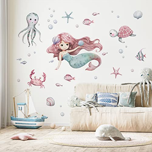 Mfault Mermaid Under The Sea Wall Decals Stickers, Baby Girls Ocean Creatures Nursery Decoration Bedroom Playroom Art, Octopus Turtles Crab Shell Bubble Fish Kids Room Bathroom Home Decor