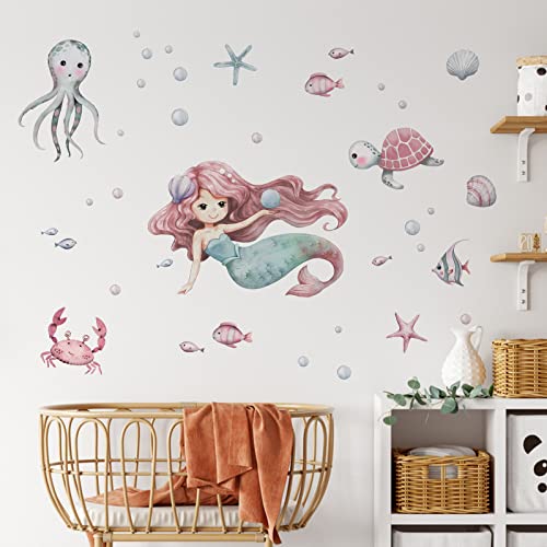 Mfault Mermaid Under The Sea Wall Decals Stickers, Baby Girls Ocean Creatures Nursery Decoration Bedroom Playroom Art, Octopus Turtles Crab Shell Bubble Fish Kids Room Bathroom Home Decor