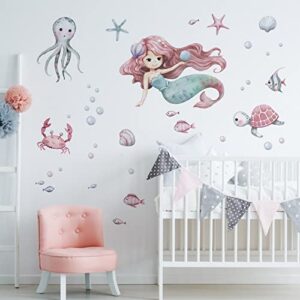 Mfault Mermaid Under The Sea Wall Decals Stickers, Baby Girls Ocean Creatures Nursery Decoration Bedroom Playroom Art, Octopus Turtles Crab Shell Bubble Fish Kids Room Bathroom Home Decor