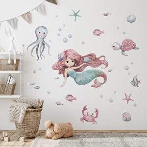 Mfault Mermaid Under The Sea Wall Decals Stickers, Baby Girls Ocean Creatures Nursery Decoration Bedroom Playroom Art, Octopus Turtles Crab Shell Bubble Fish Kids Room Bathroom Home Decor