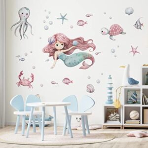 Mfault Mermaid Under The Sea Wall Decals Stickers, Baby Girls Ocean Creatures Nursery Decoration Bedroom Playroom Art, Octopus Turtles Crab Shell Bubble Fish Kids Room Bathroom Home Decor