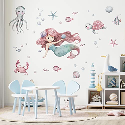 Mfault Mermaid Under The Sea Wall Decals Stickers, Baby Girls Ocean Creatures Nursery Decoration Bedroom Playroom Art, Octopus Turtles Crab Shell Bubble Fish Kids Room Bathroom Home Decor