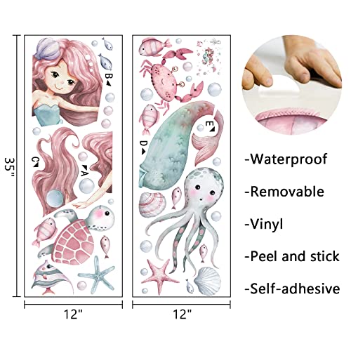 Mfault Mermaid Under The Sea Wall Decals Stickers, Baby Girls Ocean Creatures Nursery Decoration Bedroom Playroom Art, Octopus Turtles Crab Shell Bubble Fish Kids Room Bathroom Home Decor