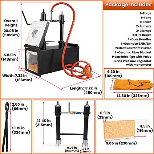 Portable Propane Gas Forge Double Burner 2600°F/1425℃ Large Capacity Square Forging Furnace for Blacksmithing Farrier Knife Tool Making Equipment with Tong & Gloves