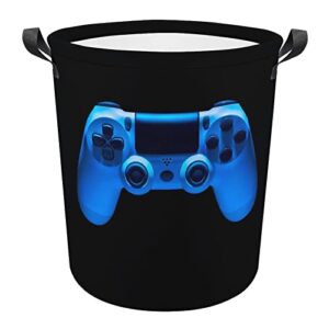 video game joystick gamepad in blue neon lights isolated on black collapsible waterproof laundry hamper, lightweight washing basket bin storage organizer bucket with handles for toys clothes