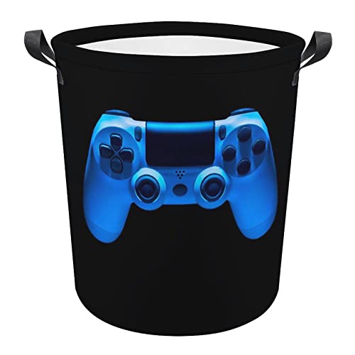 Video Game Joystick Gamepad in Blue Neon Lights Isolated on Black Collapsible Waterproof Laundry Hamper, Lightweight Washing Basket Bin Storage Organizer Bucket with Handles for Toys Clothes