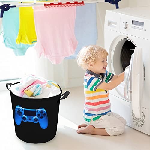 Video Game Joystick Gamepad in Blue Neon Lights Isolated on Black Collapsible Waterproof Laundry Hamper, Lightweight Washing Basket Bin Storage Organizer Bucket with Handles for Toys Clothes