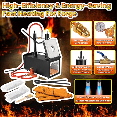 Portable Propane Gas Forge Double Burner 2600°F/1425℃ Large Capacity Square Forging Furnace for Blacksmithing Farrier Knife Tool Making Equipment with Tong & Gloves