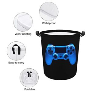 Video Game Joystick Gamepad in Blue Neon Lights Isolated on Black Collapsible Waterproof Laundry Hamper, Lightweight Washing Basket Bin Storage Organizer Bucket with Handles for Toys Clothes