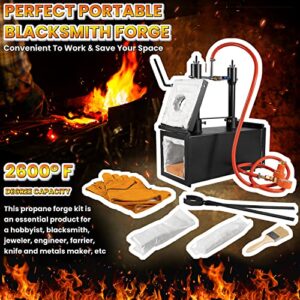 Portable Propane Gas Forge Double Burner 2600°F/1425℃ Large Capacity Square Forging Furnace for Blacksmithing Farrier Knife Tool Making Equipment with Tong & Gloves