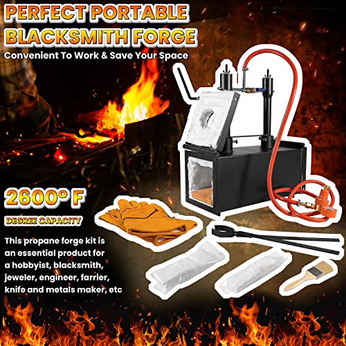 Portable Propane Gas Forge Double Burner 2600°F/1425℃ Large Capacity Square Forging Furnace for Blacksmithing Farrier Knife Tool Making Equipment with Tong & Gloves