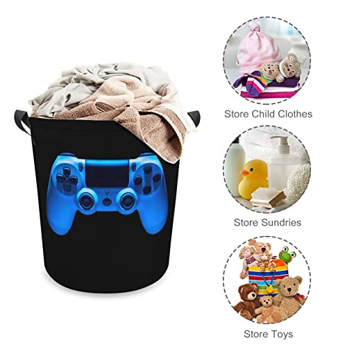 Video Game Joystick Gamepad in Blue Neon Lights Isolated on Black Collapsible Waterproof Laundry Hamper, Lightweight Washing Basket Bin Storage Organizer Bucket with Handles for Toys Clothes