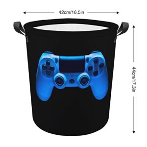 Video Game Joystick Gamepad in Blue Neon Lights Isolated on Black Collapsible Waterproof Laundry Hamper, Lightweight Washing Basket Bin Storage Organizer Bucket with Handles for Toys Clothes